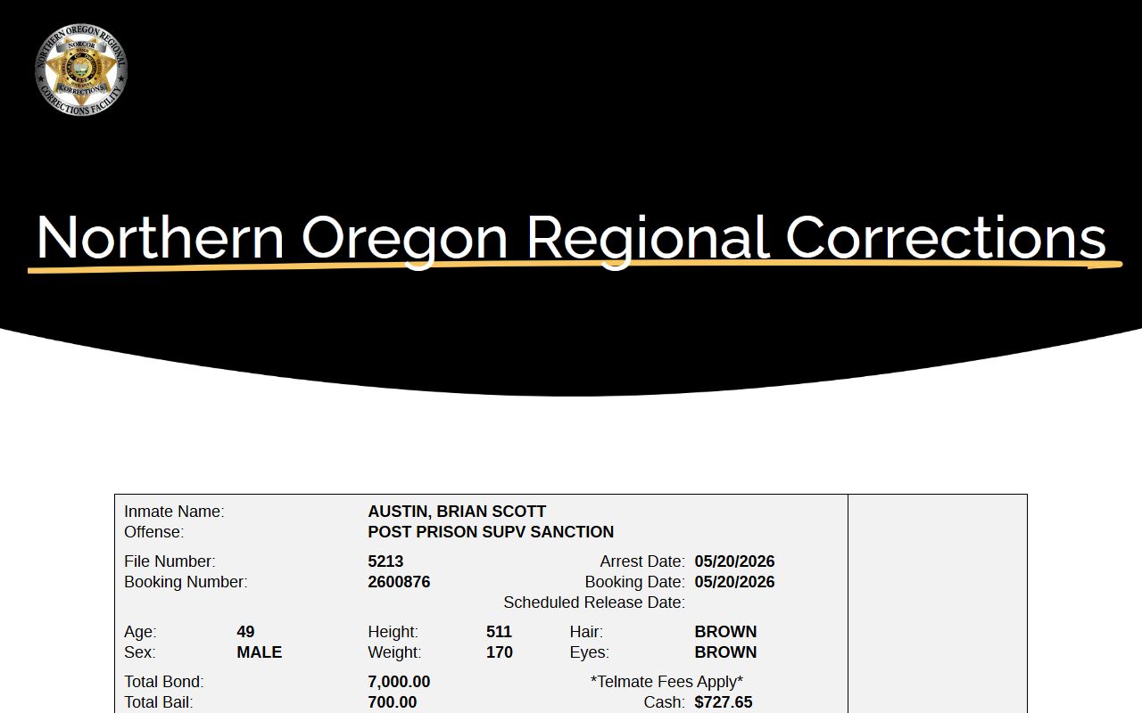 Wasco County booking photo field on a NORCOR adult in custody detail record