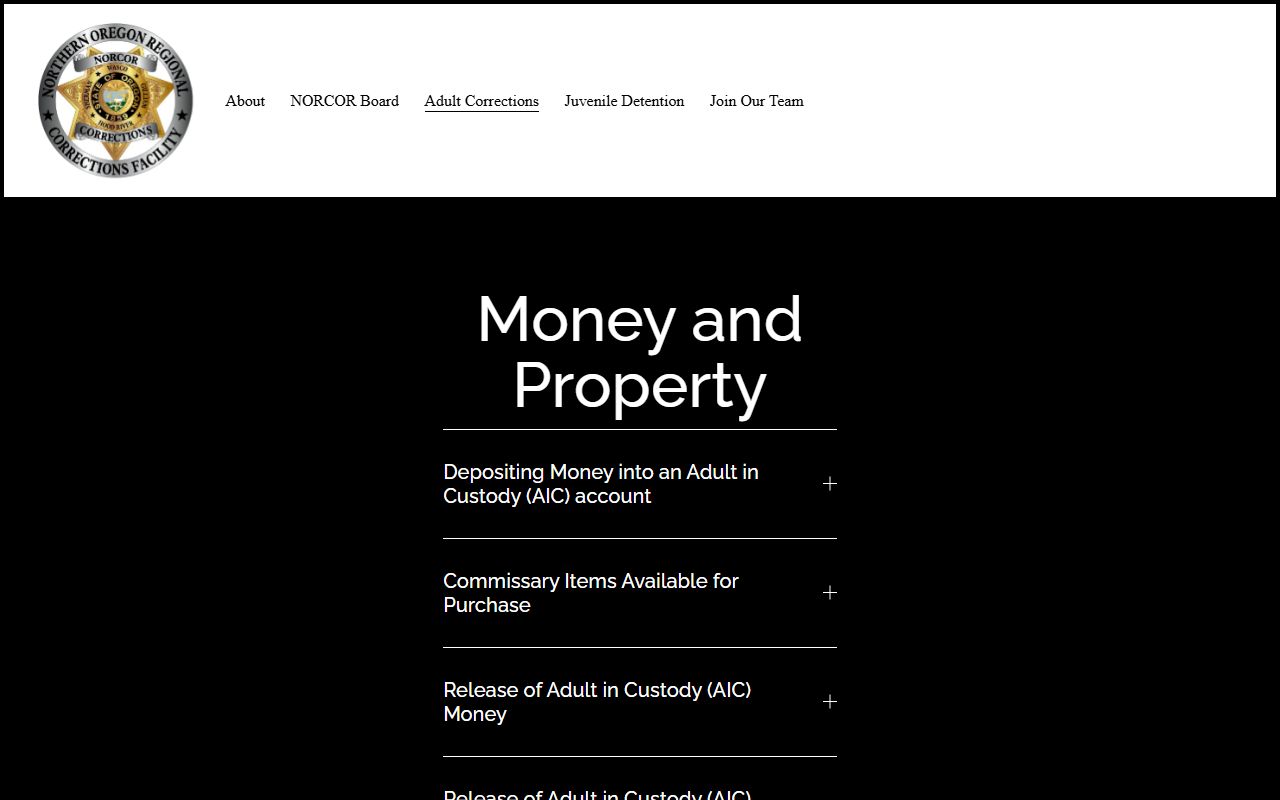 Northern Oregon Regional Corrections Adult Facility money and property rules for Wasco County inmate accounts