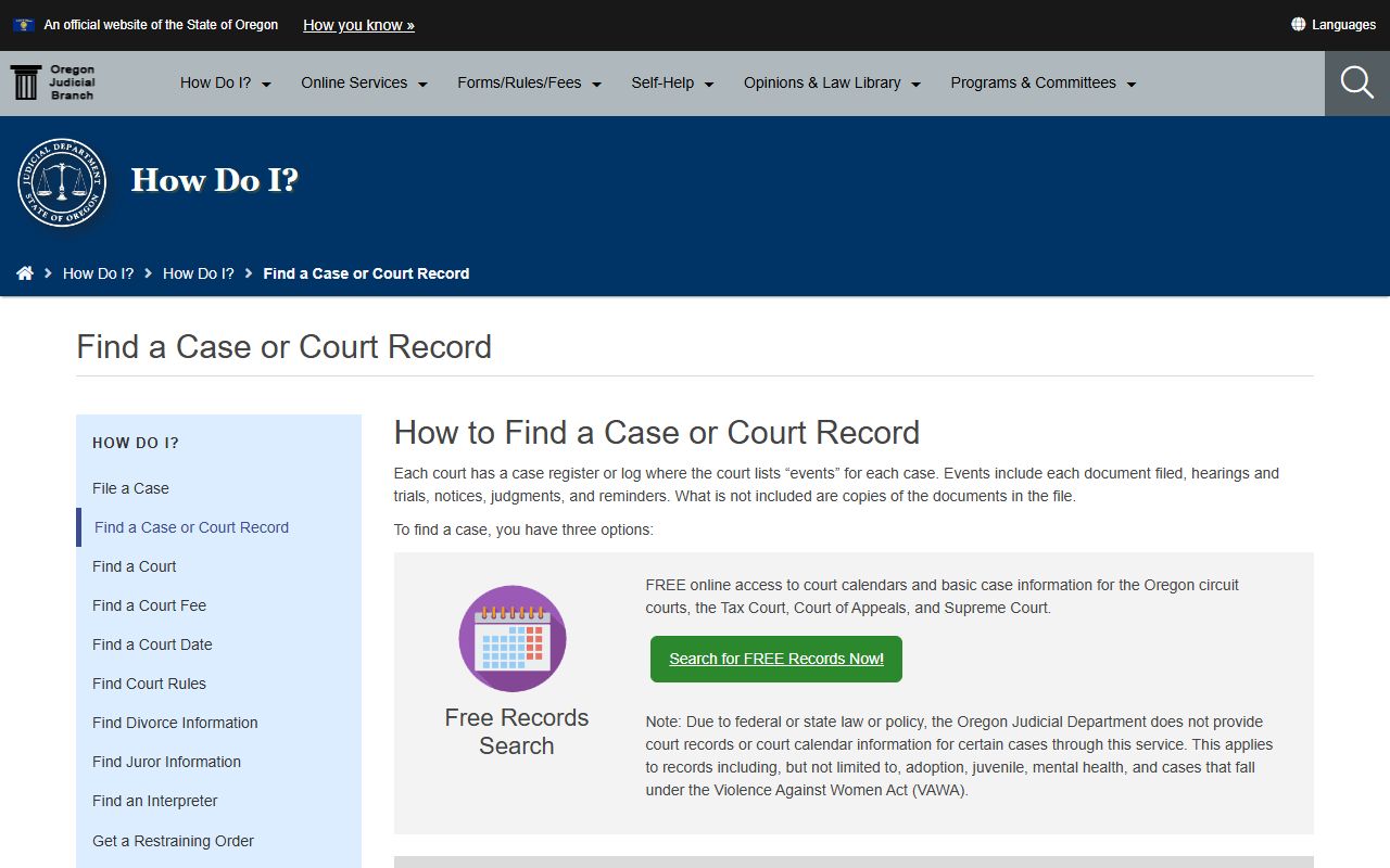 Wasco County court records after arrest search channels on the Oregon Judicial Department page